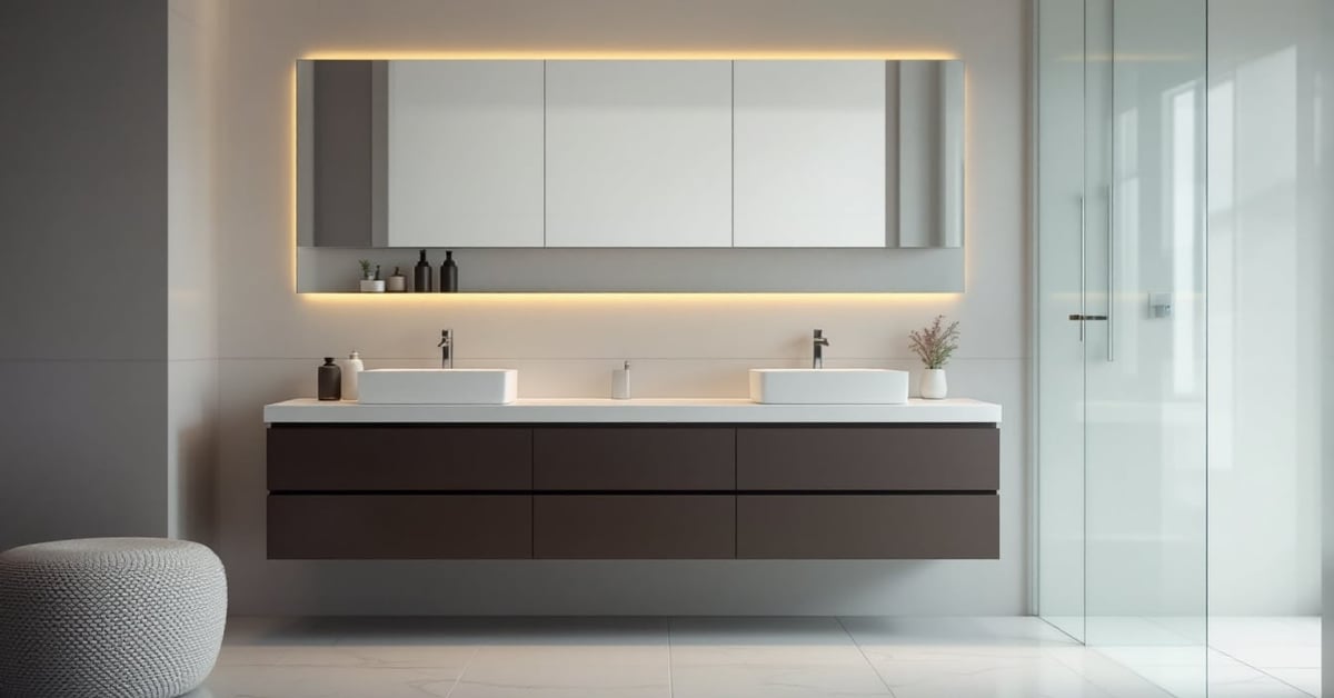 Meubles de salle de bain modernes avec vasque et rangements dans une salle de bain contemporaine
