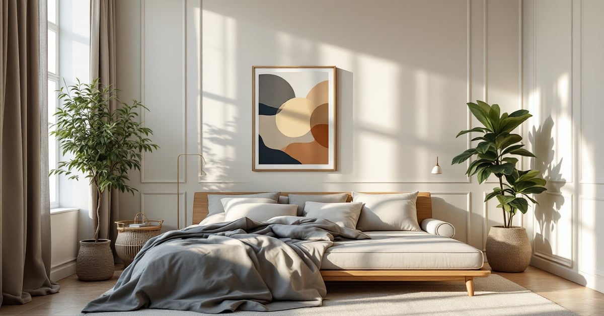 Papier peint panoramique chambre avec motif nature apaisante sur grand mur, décoration intérieure moderne