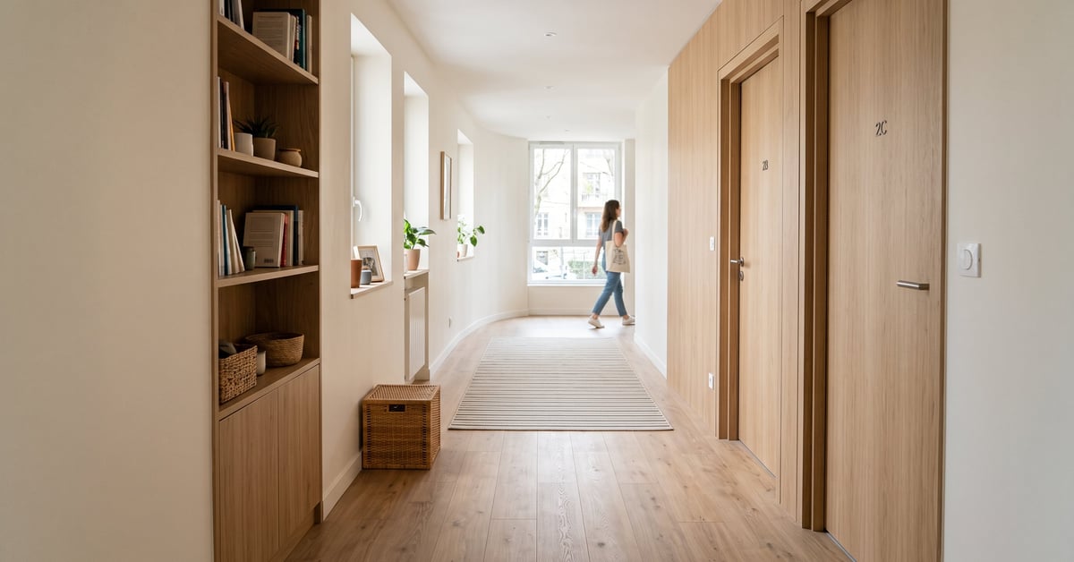 Aménagement couloir moderne avec rangements intégrés et décoration épurée pour optimiser l'espace