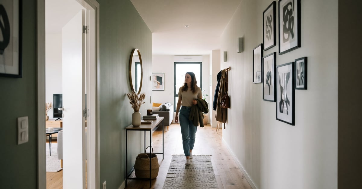 Déco couloir entrée moderne avec miroir, console et éclairage chaleureux
