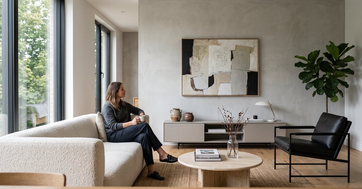 Salon en déco contemporaine avec mobilier épuré, lignes géométriques et matériaux naturels modernes
